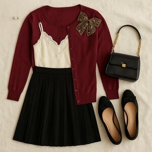 August Silk Burgundy Cardigan with Gold Bow Accent size small